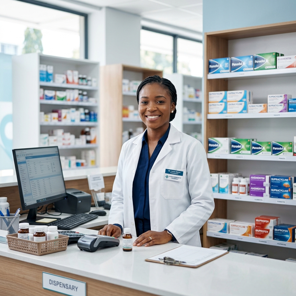 Licensed pharmacist providing professional consultation at HealthFirst Pharmacy Lagos